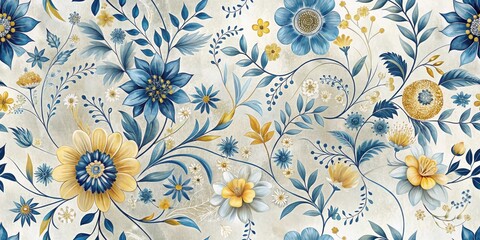Elegant Blue and Gold Floral Pattern Design for Textile and Wallpaper