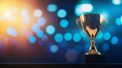 A shiny trophy displayed against a blurred colorful background, symbolizing achievement.