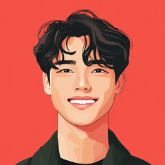 Digital Portrait of a Person Smiling with Dark Hair on Red Background vector illustration art