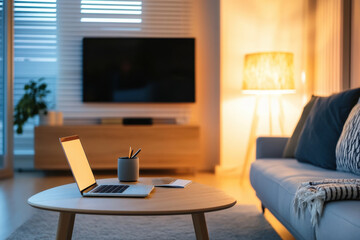 Fototapeta premium Laptop is open on a coffee table in a living room