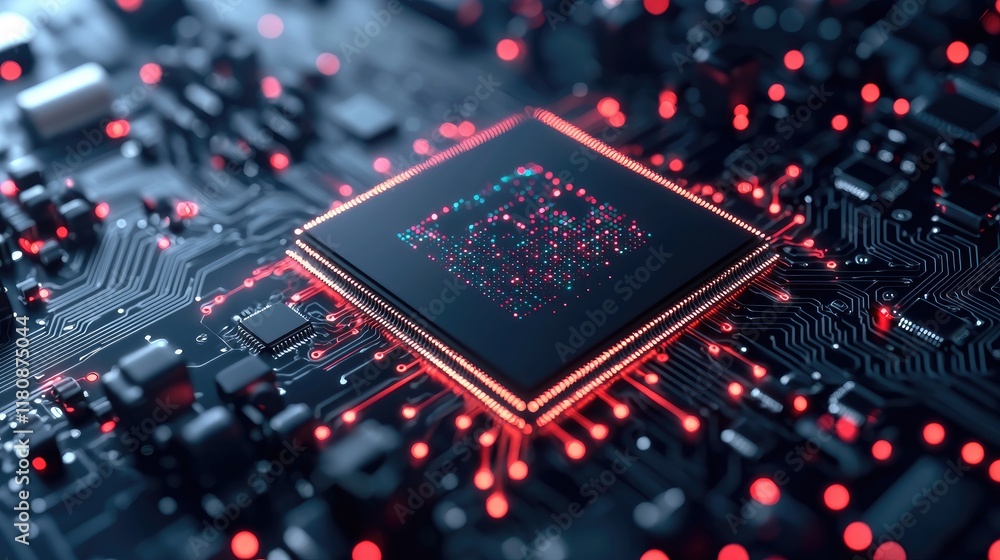 Poster close-up view of a modern microchip on a circuit board: the intricate details of advanced technology