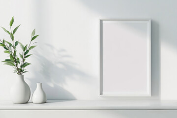 White framed picture sits on a shelf next to two white vases