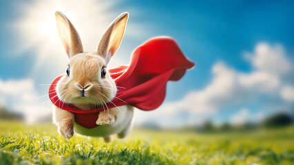 A cute rabbit wearing a red robe is jumping on the grass field.