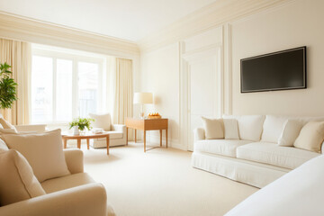 Living room with a white couch, two chairs, and a coffee table
