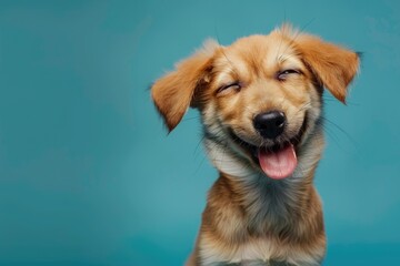Happy dog puppy winking an eye and smiling on colored blue background with closed eyes.