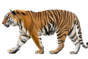 Detailed Visual  of Side View of a Tiger Walking Away, Isolated on White