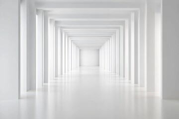 Long, narrow hallway with white walls and white pillars