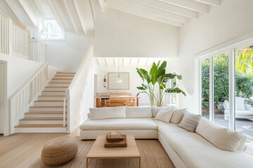 Fototapeta premium White living room with a white couch and a white coffee table