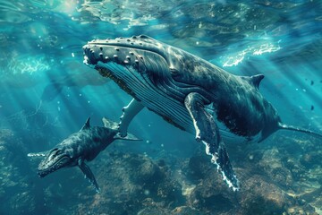 Fototapeta premium Humpback Whale Mother with Calf on Tonga