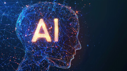 Human head profile with AI symbol: Artificial Intelligence brain concept with glowing particles network for machine learning and cognitive computing visualization.