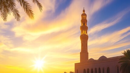A mosque silhouette against a vibrant sunset sky, showcasing architectural beauty and tranquility.
