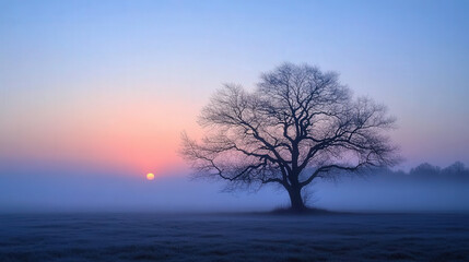 Majestic Sunset Over a Misty Field Featuring a Solitary Tree Silhouetted Against a Colorful Horizon with a Calm and Serene Atmosphere