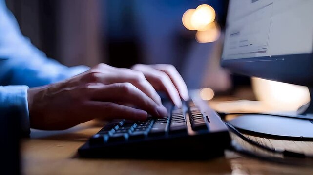 A man typing on a computer keyboard, his hands and fingers moving quickly across the keys. The soft focus creates a dreamlike effect as he immerses himself in computer programming and online messaging