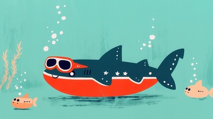 Chunky sci fi inspired cartoon of a shark creature wearing virtual reality styled headset or glasses swimming in an underwater environment with coral kelp and bubbles