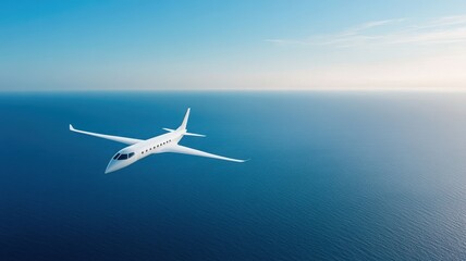 Naklejka premium Sleek and opulent white private jet soars gracefully over tranquil skies, embodying luxury and freedom.