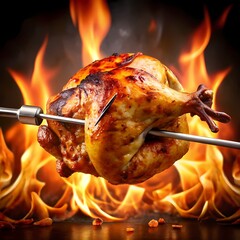 Roasted chicken on fire grill rotisserie cooking / Pollo asado en fuego sobre parrilla giratoria