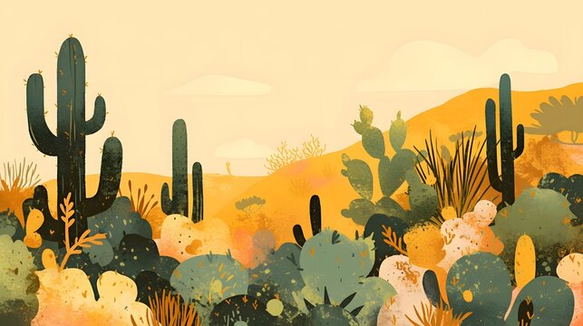 A peaceful cactus garden landscape with simple lines and soft shadows, creating a serene and natural atmosphere perfect for nature enthusiasts and home decor inspiration.