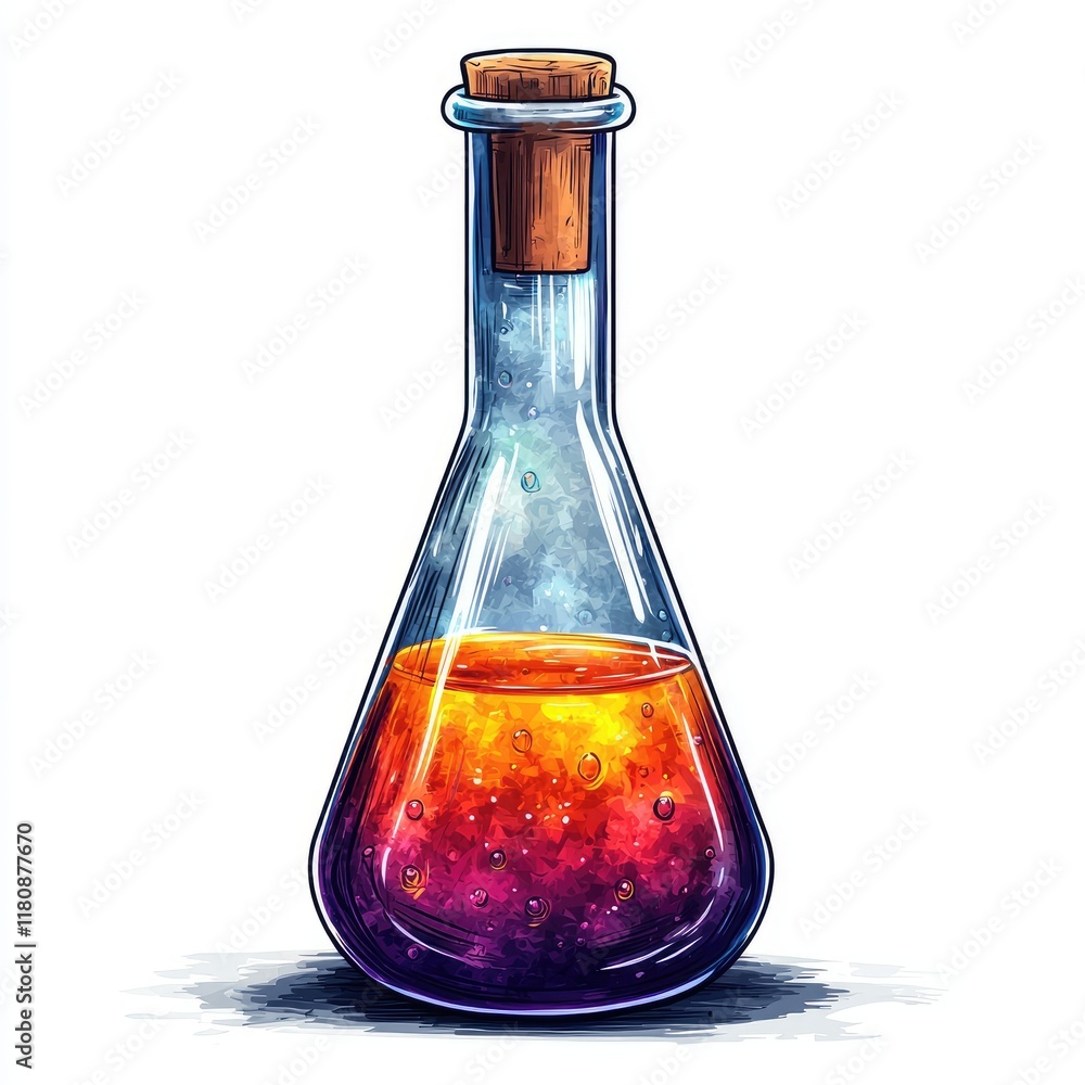 Poster close-up view of a vibrant erlenmeyer flask filled with a multicolored liquid, showcasing a captivat