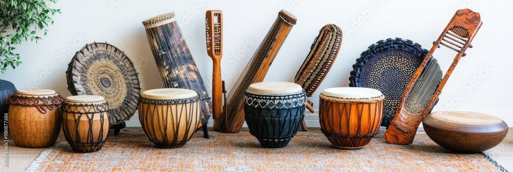 Poster a collection of various drums and percussion instruments displayed on a rug.