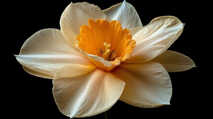 Fototapeta premium Elegant Cream and Orange Daffodil Flower Close-Up on Black Background