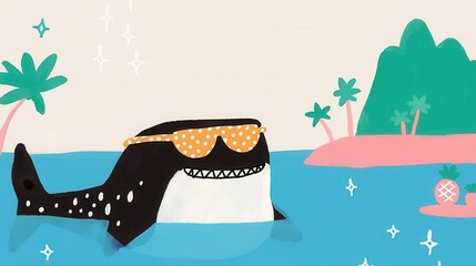 Whimsical and playful tropical doodle of a fat smiling shark character wearing pineapple shaped sunglasses swimming in a vibrant underwater paradise scene