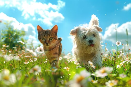 two cute furry friends striped cat and cheerful dog are walking in a sunny spring meadow