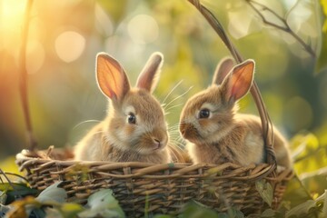 Obraz premium Two little rabbits sitting in the basket in summer