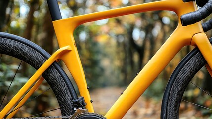 Close-up view of a yellow carbon road bike frame, showcasing its sleek design and high-quality components. Perfect for cycling enthusiasts and road bike lovers.