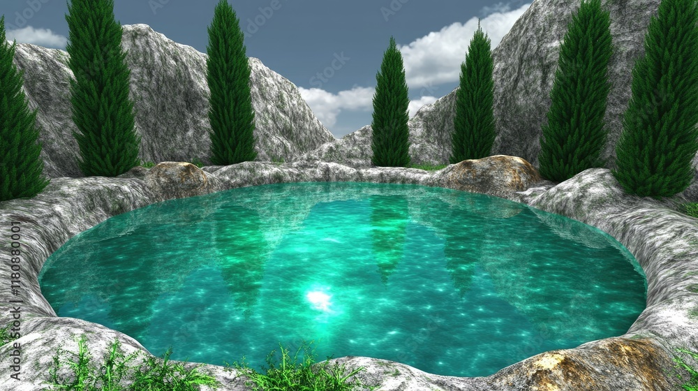 Poster a serene pool surrounded by rocky terrain and lush trees under a cloudy sky.