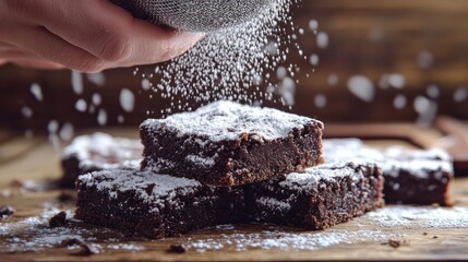 Chef dusting brownies with powdered sugar on wood