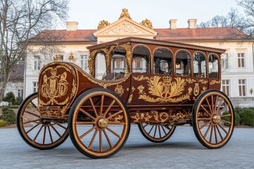 Fototapeta premium Ornate vintage carriage with intricate designs, set against a grand architectural backdrop.