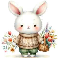 Blushing Blossom Bunny - Cute Bunny Art, Bunny with Blossoms, Spring Bunny Illustration, Floral Bunny Design, Adorable Bunny with Flowers, Blushing Bunny Decor, Springtime Bunny Artwork
