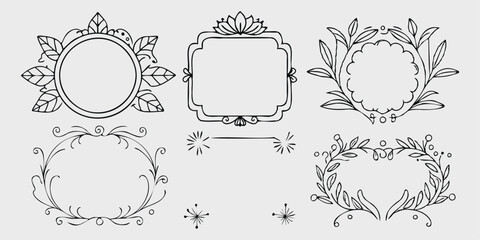hand-drawn floral and leafy decorative frame set for vintage designs

