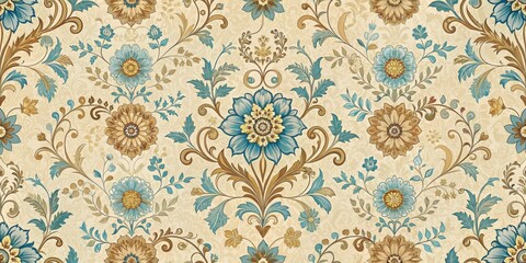 Elegant Blue and Gold Floral Damask Pattern for Textile Design