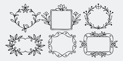 hand-drawn floral and leafy decorative frame set for vintage designs
