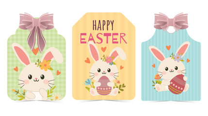 Set of Easter gift tags and labels with cute cartoon bunny. Easter greetings with bunny, eggs and flowers.