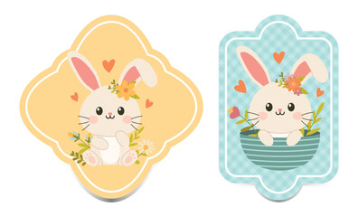 Set of Easter gift tags and labels with cute cartoon bunny. Easter greetings with bunny, eggs and flowers.