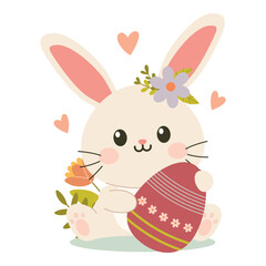 Cute cartoon bunny. Easter greetings with bunny, eggs and flowers
