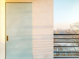 Calm morning light illuminating a balcony and a door with scenic view of trees and water