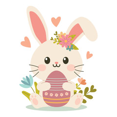 Cute cartoon bunny. Easter greetings with bunny, eggs and flowers.