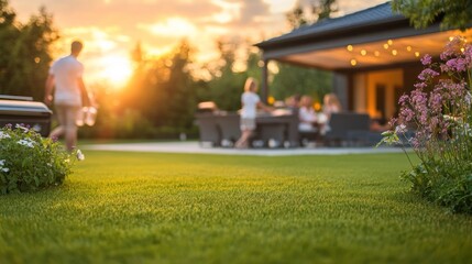 Family enjoys sunset barbecue in lush backyard.