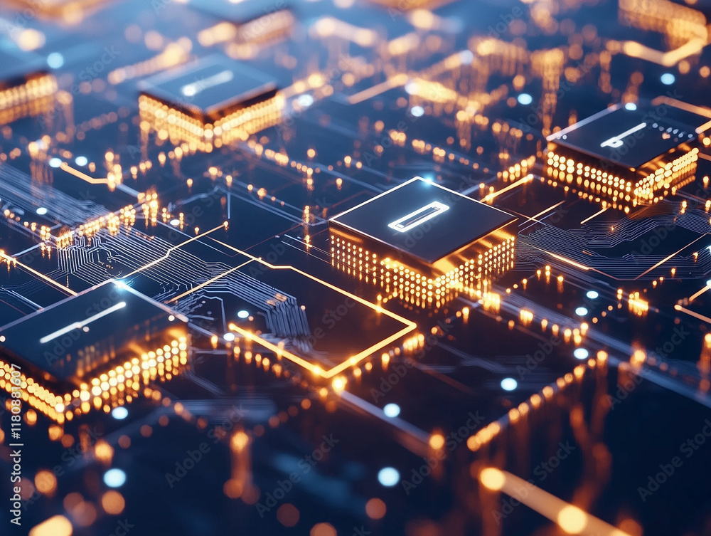Poster futuristic circuit board or blockchain network serves as a captivating illustration, embodying essen