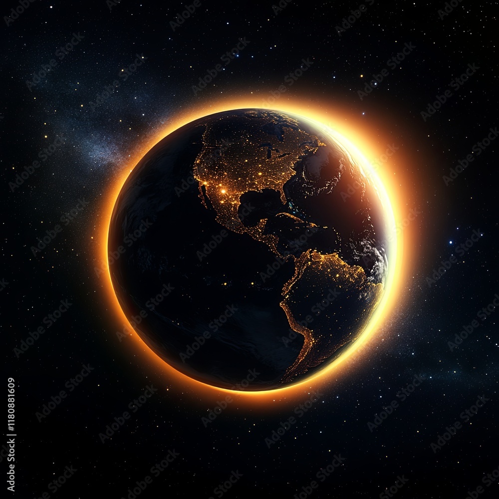 Wall mural abstract illustration of solar eclipse behind planet earth seen from outer space with selective focu
