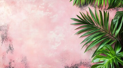 Obraz premium Tropical Green Leaves on Pink Textured Background