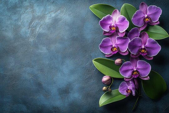 Beautiful purple orchids arranged on a textured blue background showcasing nature's elegance in floral design