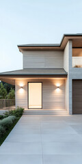 Modern house exterior with stylish lighting in a serene residential area at dusk
