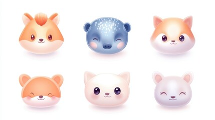 A collection of cute animal faces, including a bear, a cat, and a fox