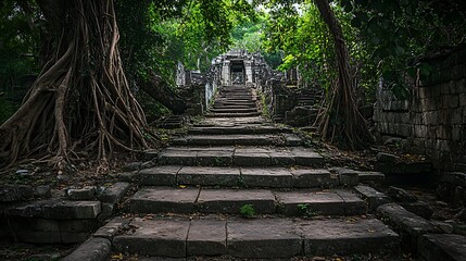 Ancient Stone Steps Leading to a Mysterious Temple Hidden Deep Within a Lush Jungle