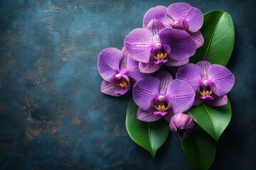 Vibrant purple orchids arranged elegantly on dark textured background with green leaves