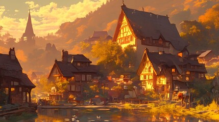 Fototapeta premium A picturesque village at sunset, featuring warm colors and scenic views